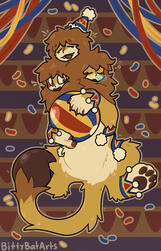 A drawing of a lion-bodied, three-headed creature with a scorpion spade on the end of its tail, and humanoid faces. It is wearing a circus hat, holding a colorful ball, and the background resembles decorative circus patterns and streamers.