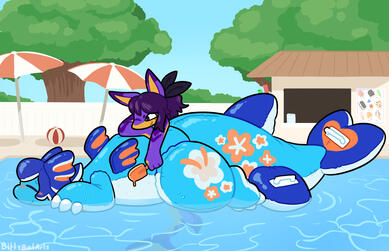 A drawing of a pool scene, with a blue pooltoy dragon floating on the water, and a purple anthro shark laying on the pooltoy's back with an orange popsicle in her hand