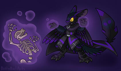 A drawing of a deep black and blue avali wearing black and purple clothing, using purple magic to raise an animalian skeleton from the earth.