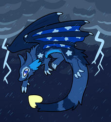 A drawing of a blue furred dragon with starry wings, flying in a thundering night sky