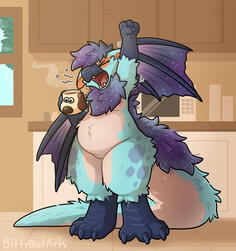 A drawing of a blue and purple anthropomorphic nargacuga standing in a kitchen, stretching and yawning, holding a gromit mug full of steaming coffee.