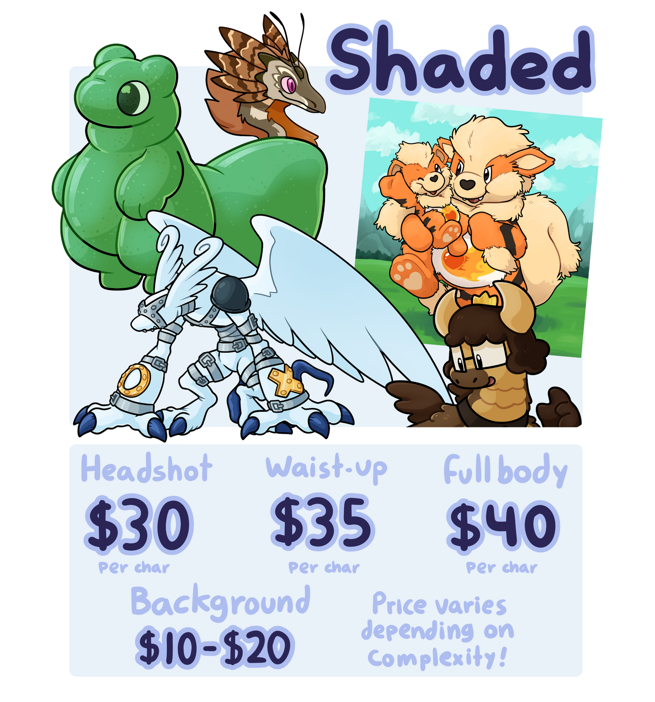 The shaded option. The options are a headshot, for 30 dollars per character, a waist-up, for 35 dollars per character, and a fullbody, for 40 dollars per character. A background can be added for 10 to 20 dollars.